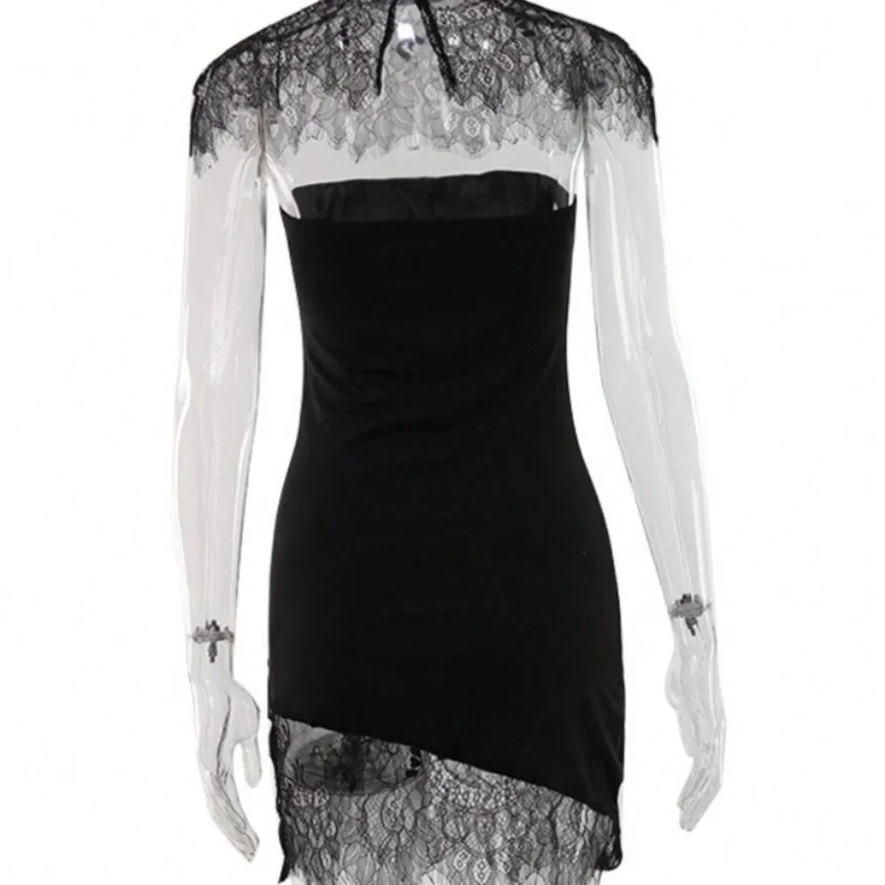 Black Party Women's Sexy Lace Dress with Slim Suspenders and Chest Wrap Skirt - Picture 2 of 10
